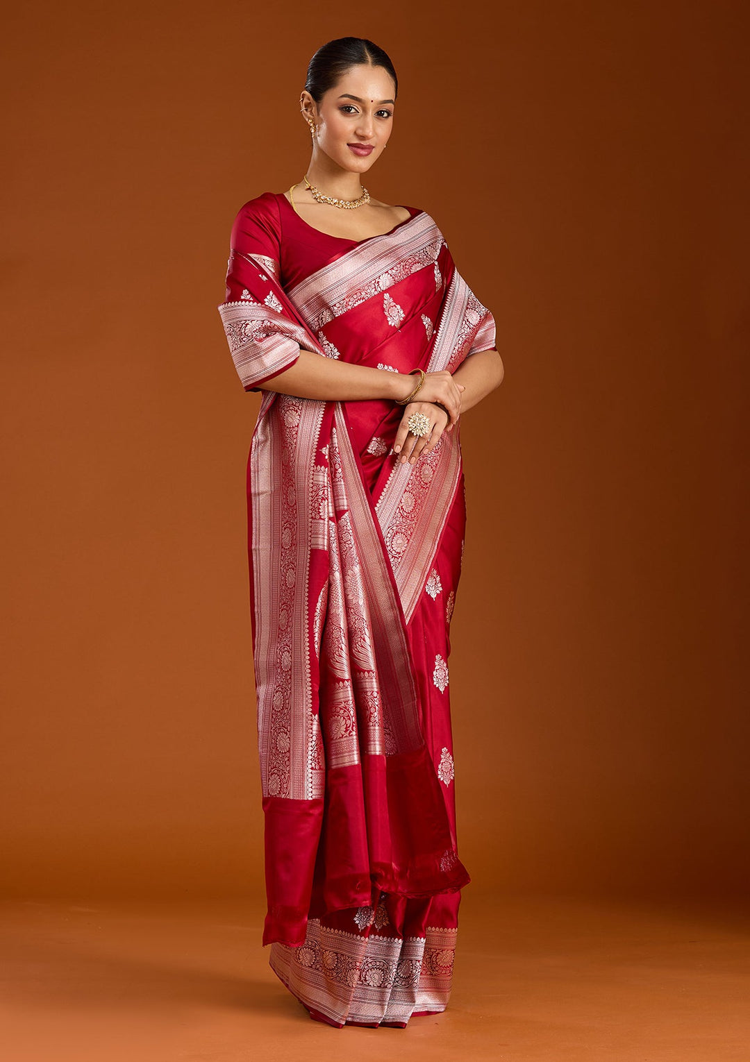 Maroon Zariwork (Silver) Satin Silk Saree-Koskii