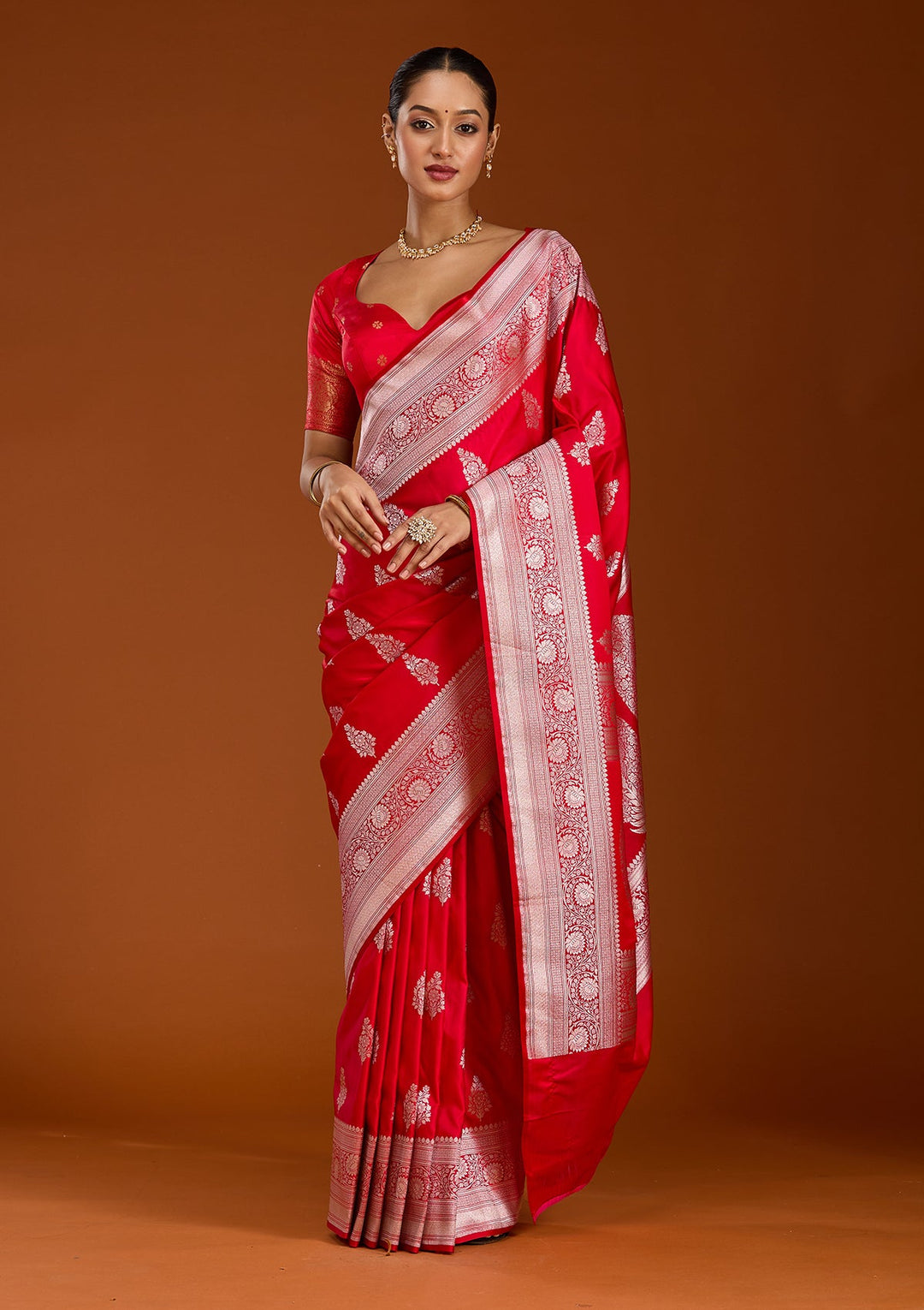 Red Zariwork (Silver) Satin Silk Saree-Koskii