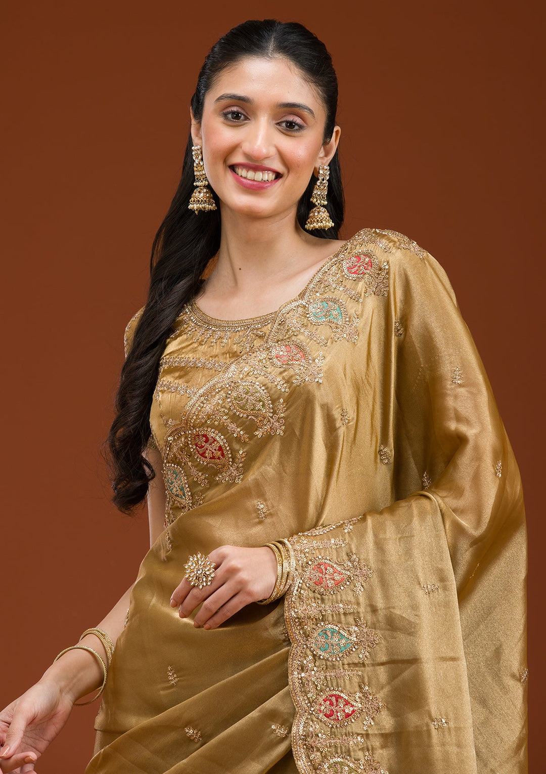Gold Zariwork Tissue Saree-Koskii