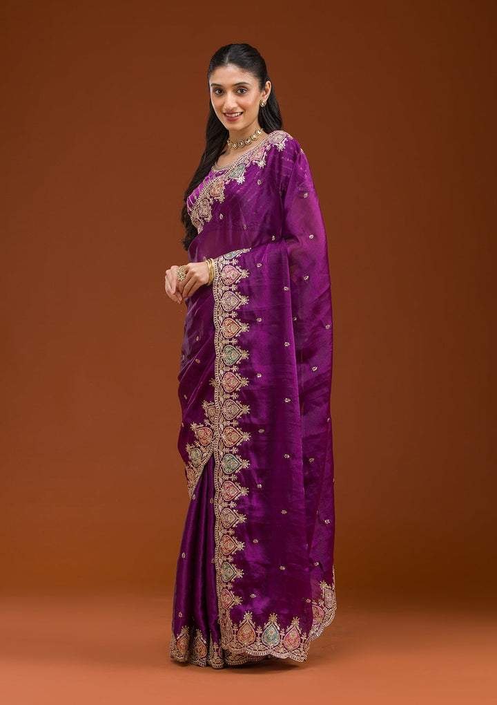 Purple Zariwork Tissue Saree-Koskii