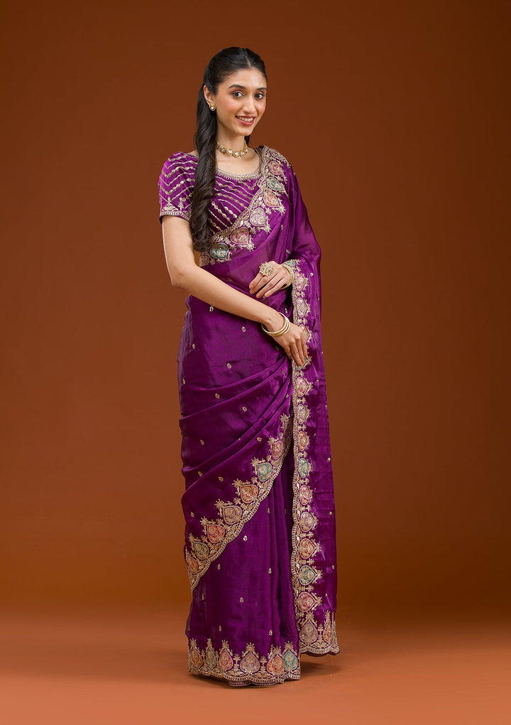 Purple Zariwork Tissue Saree-Koskii