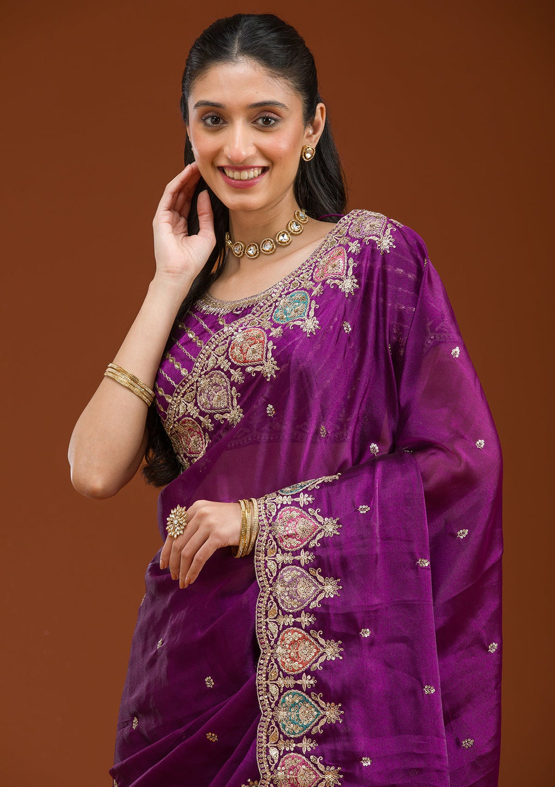 Purple Zariwork Tissue Saree-Koskii
