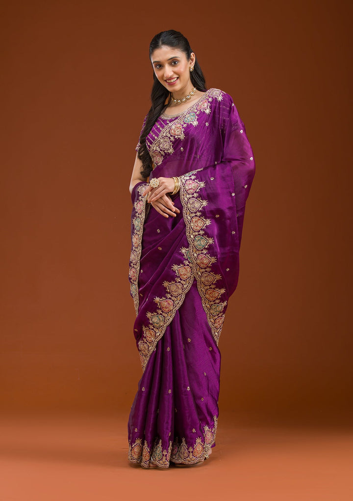Purple Zariwork Tissue Saree-Koskii