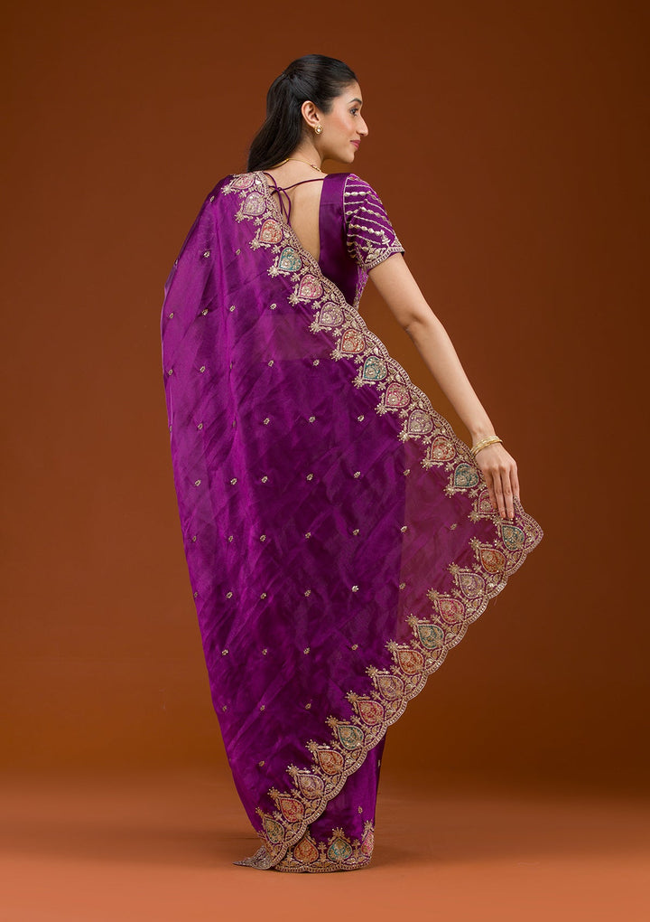 Purple Zariwork Tissue Saree-Koskii