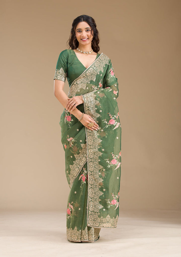 Bottle Green Sequins Tissue Saree-Koskii