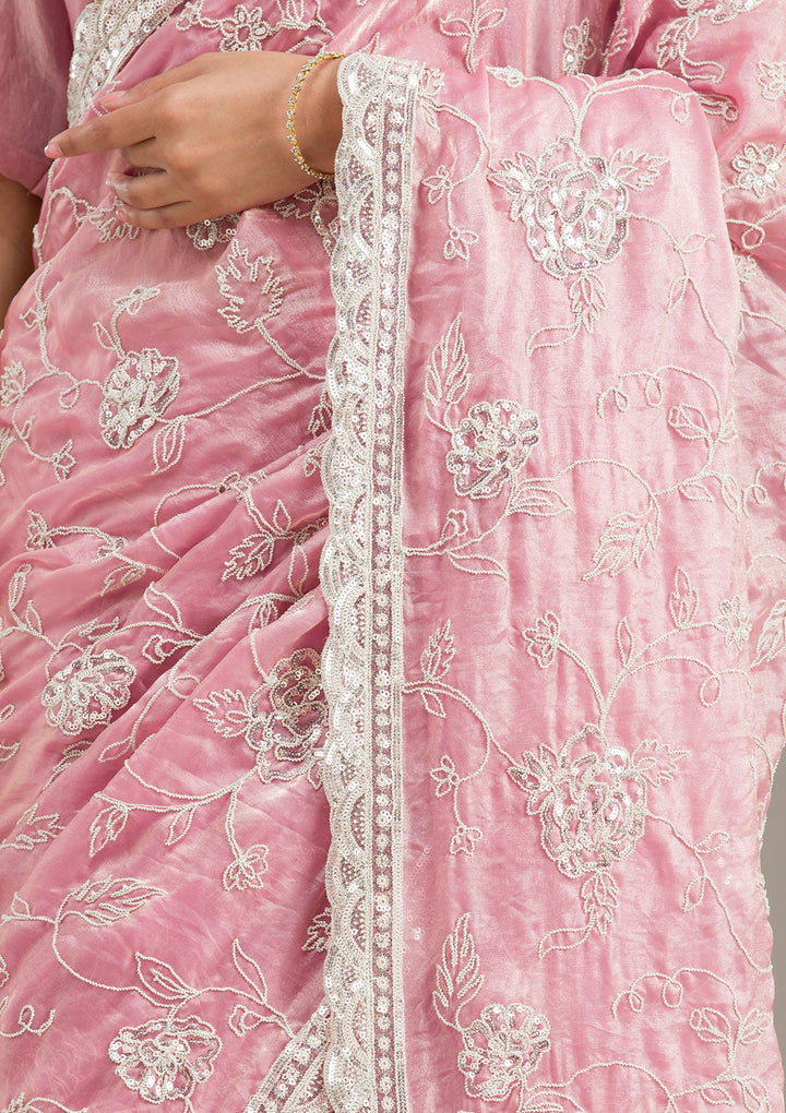 Pink Zariwork (Gold) Organza Readymade Salwar Suit-koskii