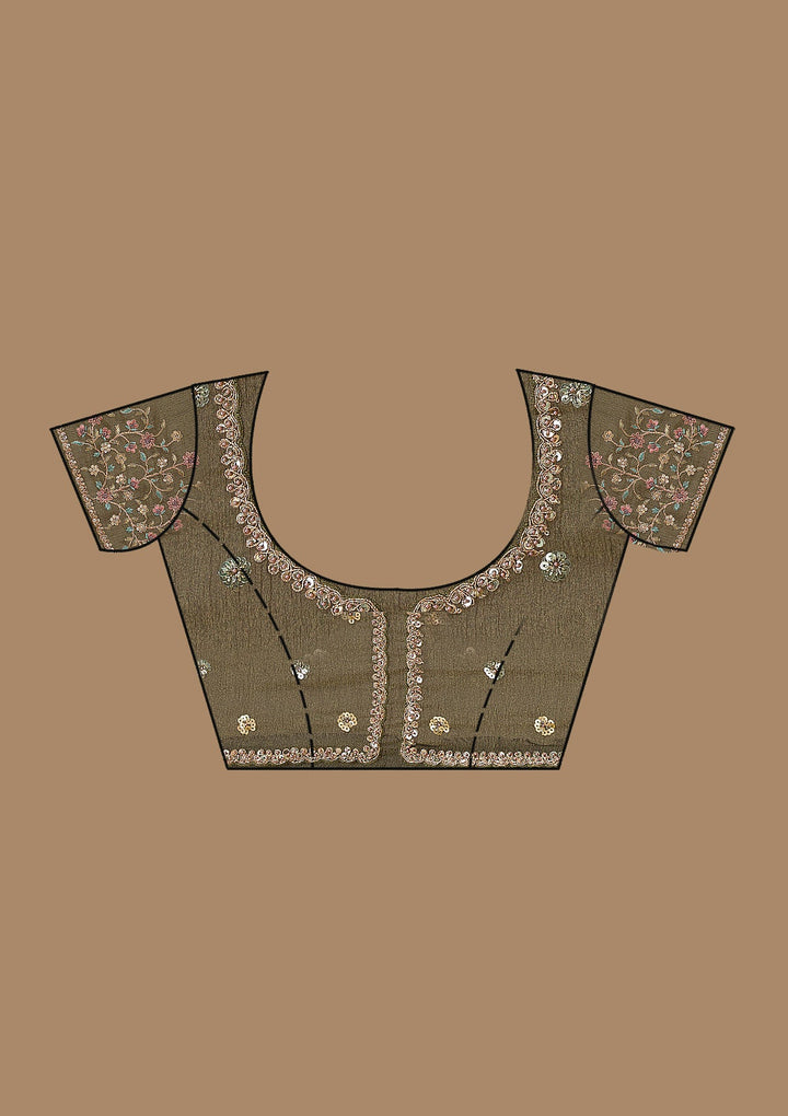 Mehendi Sequins Tissue Saree-Koskii