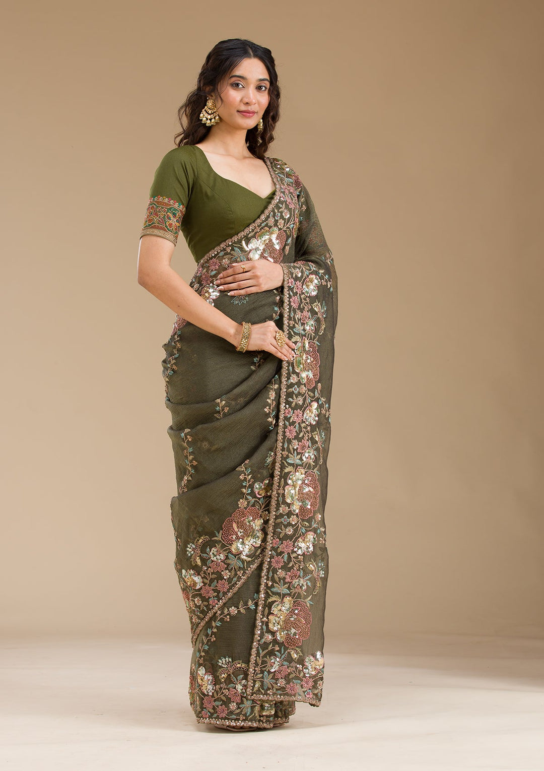 Mehendi Sequins Tissue Saree-Koskii