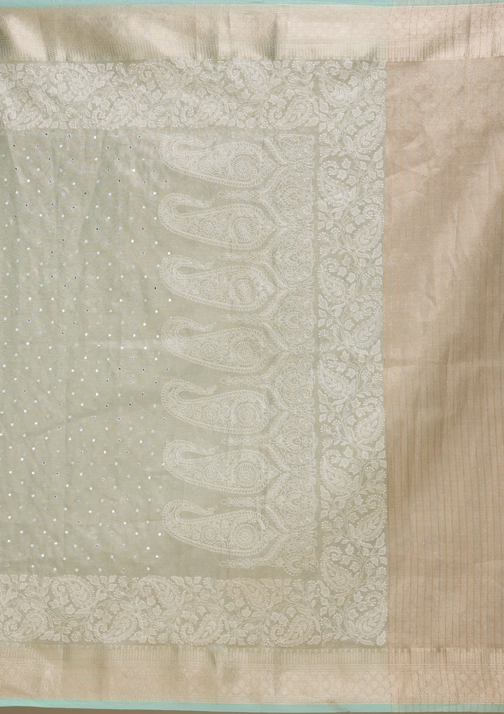 Pista Green Zariwork Tissue Saree-Koskii
