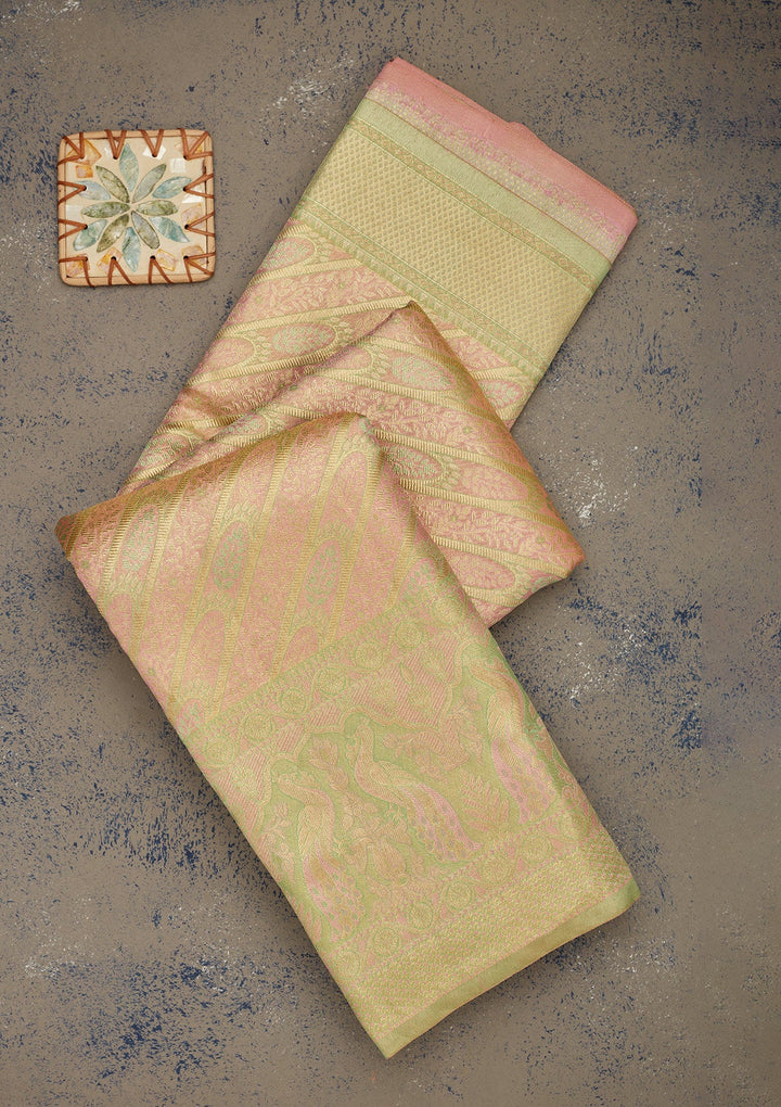 Peach Zariwork Pure Silk Saree-Koskii