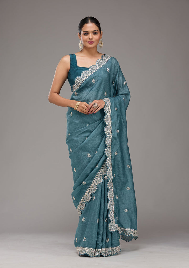 Peacock Blue Zariwork Georgette Saree-Koskii