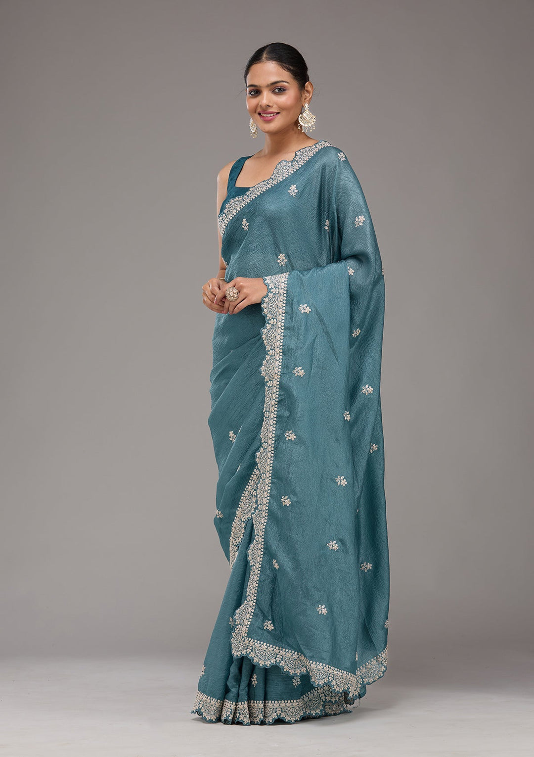 Peacock Blue Zariwork Georgette Saree-Koskii