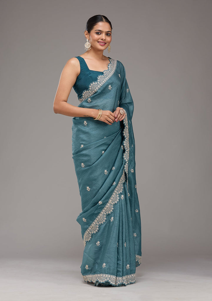 Peacock Blue Zariwork Georgette Saree-Koskii
