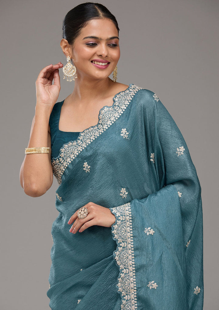 Peacock Blue Zariwork Georgette Saree-Koskii