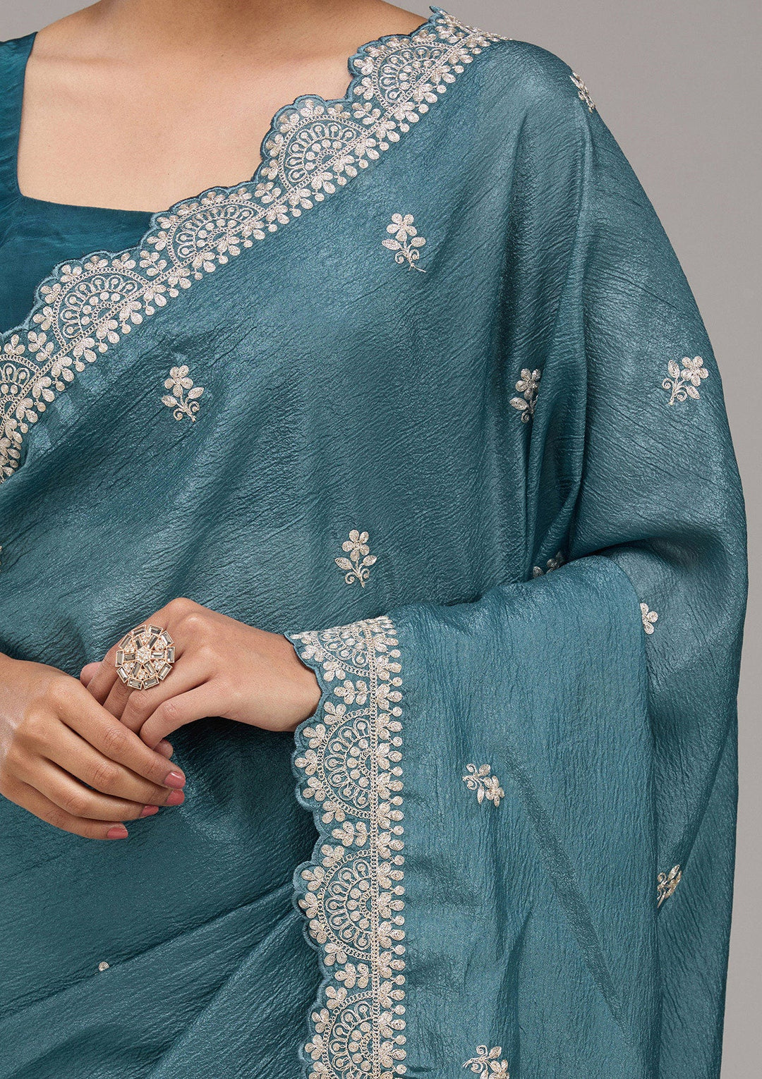 Peacock Blue Zariwork Georgette Saree-Koskii