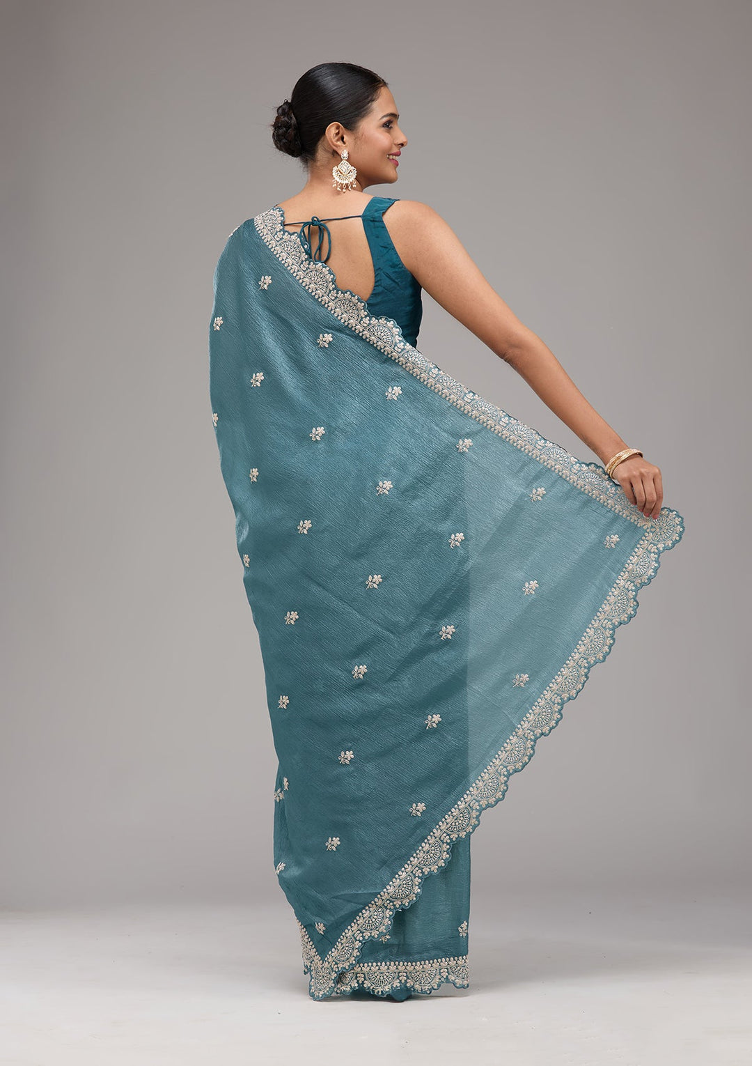 Peacock Blue Zariwork Georgette Saree-Koskii