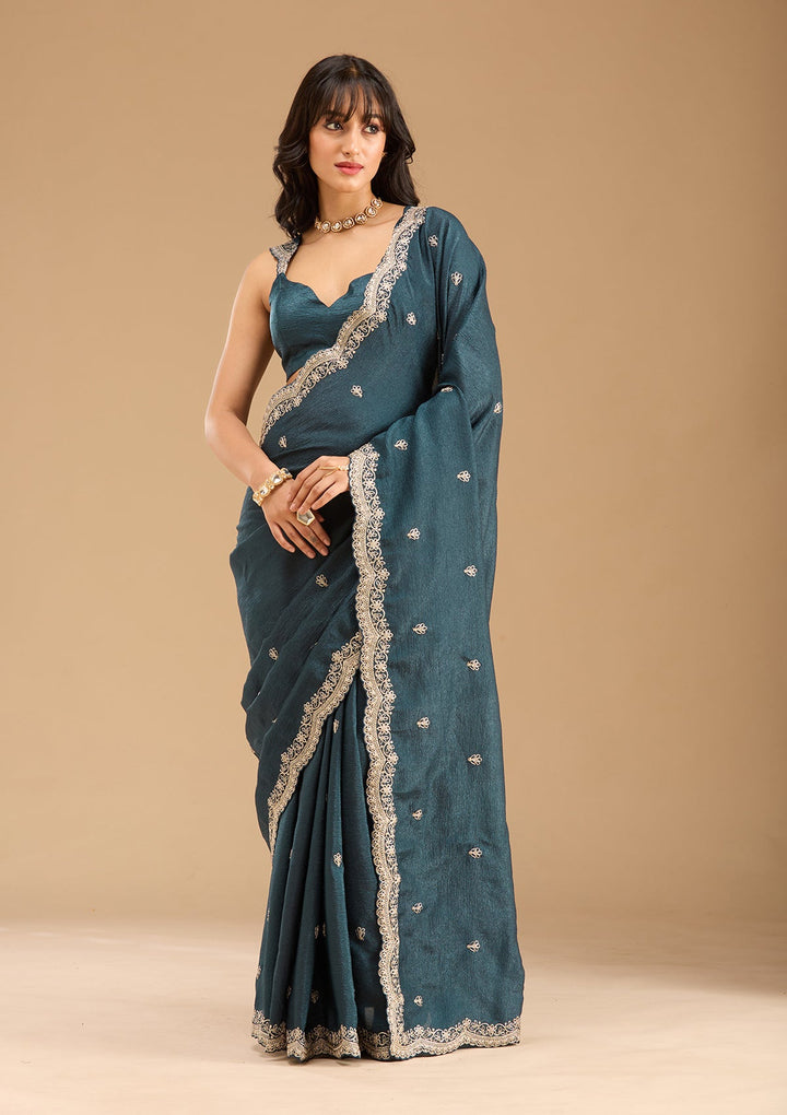 Peacock Blue Zariwork (Gold) Tissue Saree-Koskii