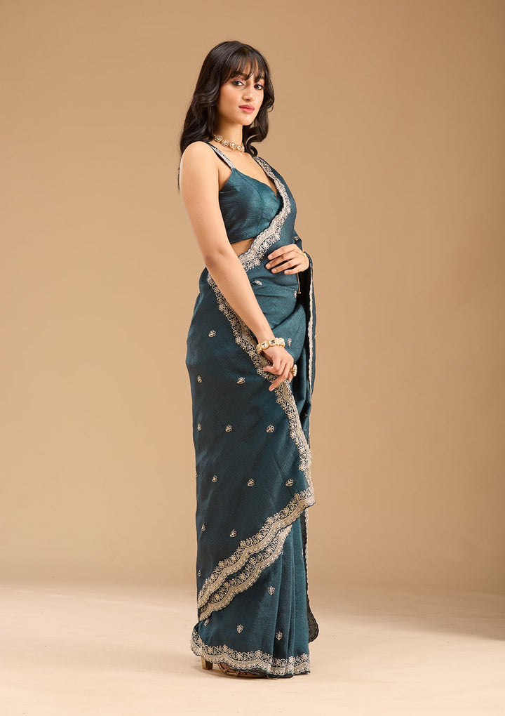 Peacock Blue Zariwork (Gold) Tissue Saree-Koskii