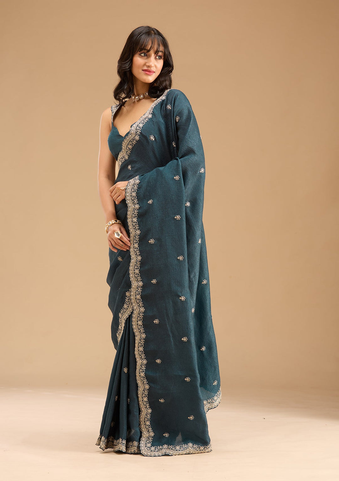 Peacock Blue Zariwork (Gold) Tissue Saree-Koskii