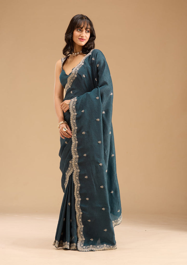 Peacock Blue Zariwork (Gold) Tissue Saree-Koskii