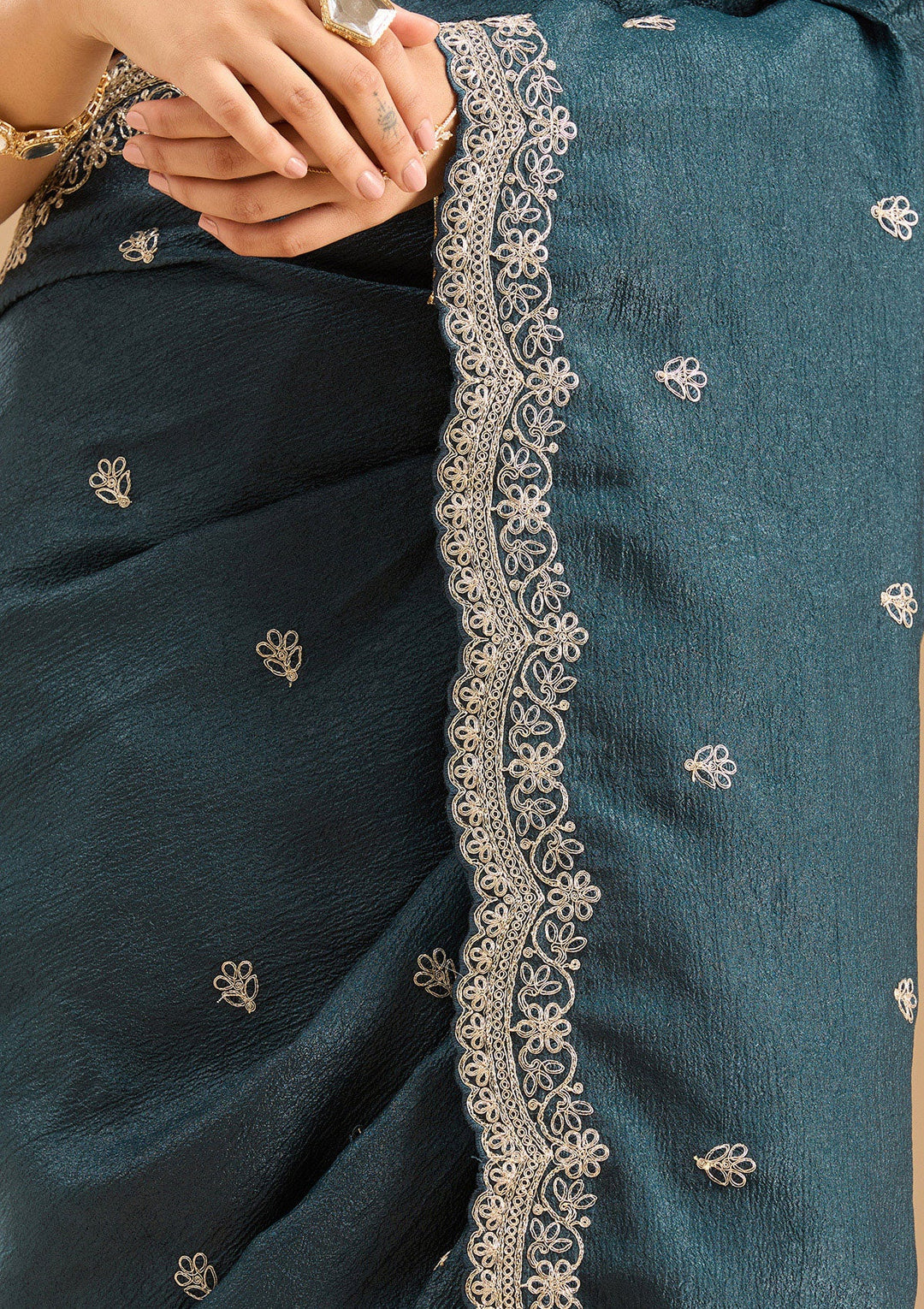 Peacock Blue Zariwork (Gold) Tissue Saree-Koskii