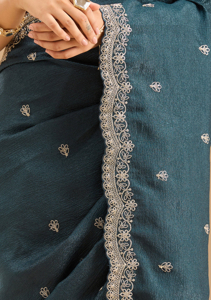 Peacock Blue Zariwork (Gold) Tissue Saree-Koskii