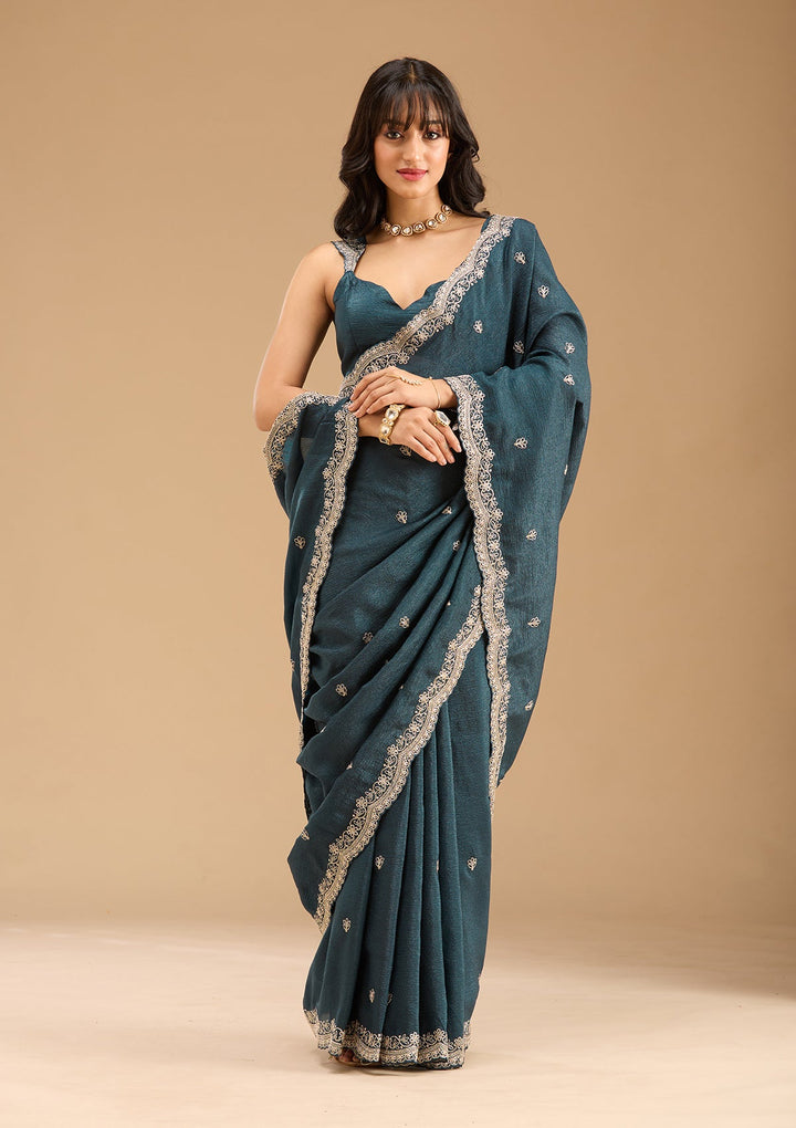 Peacock Blue Zariwork (Gold) Tissue Saree-Koskii