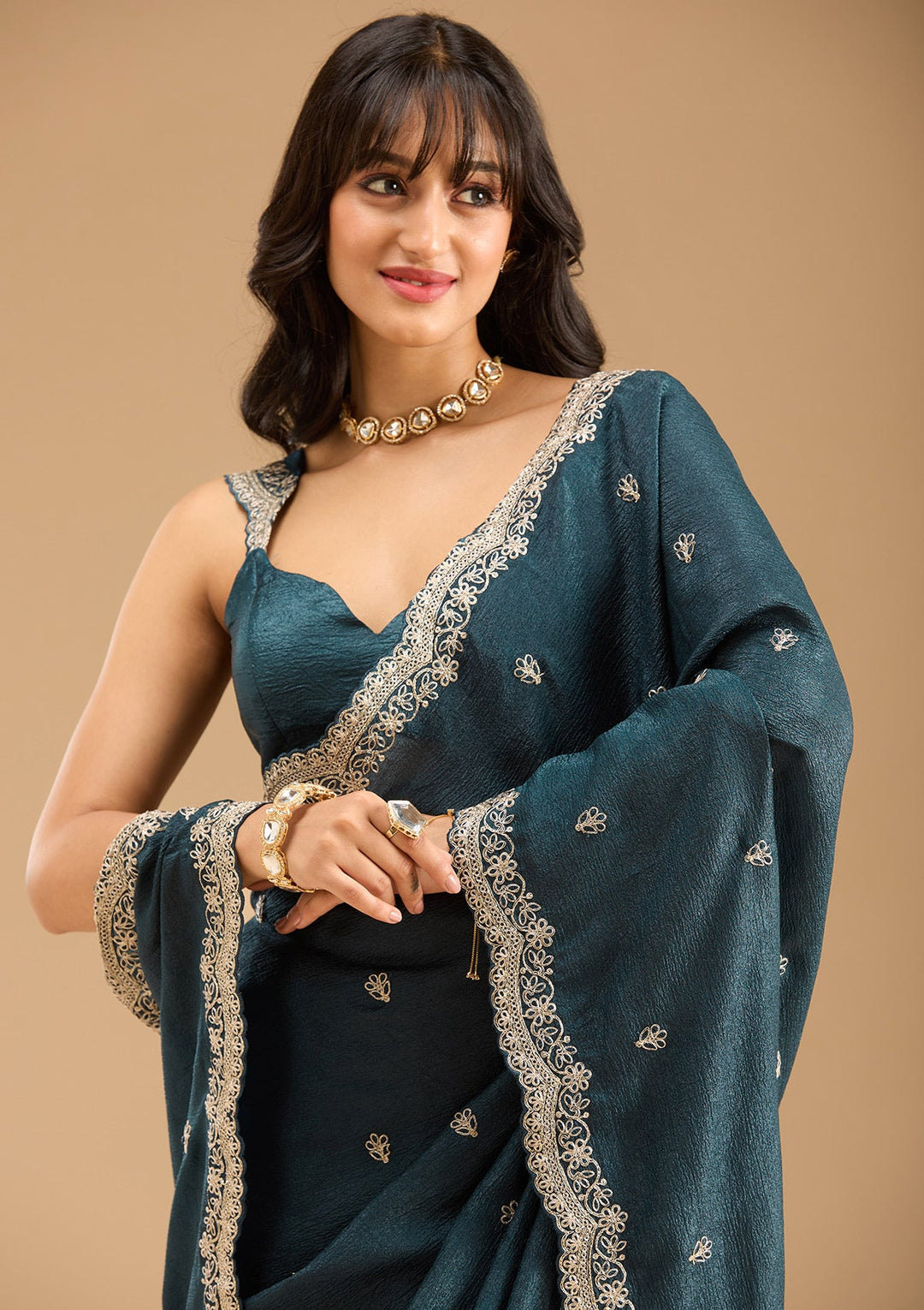 Peacock Blue Zariwork (Gold) Tissue Saree-Koskii
