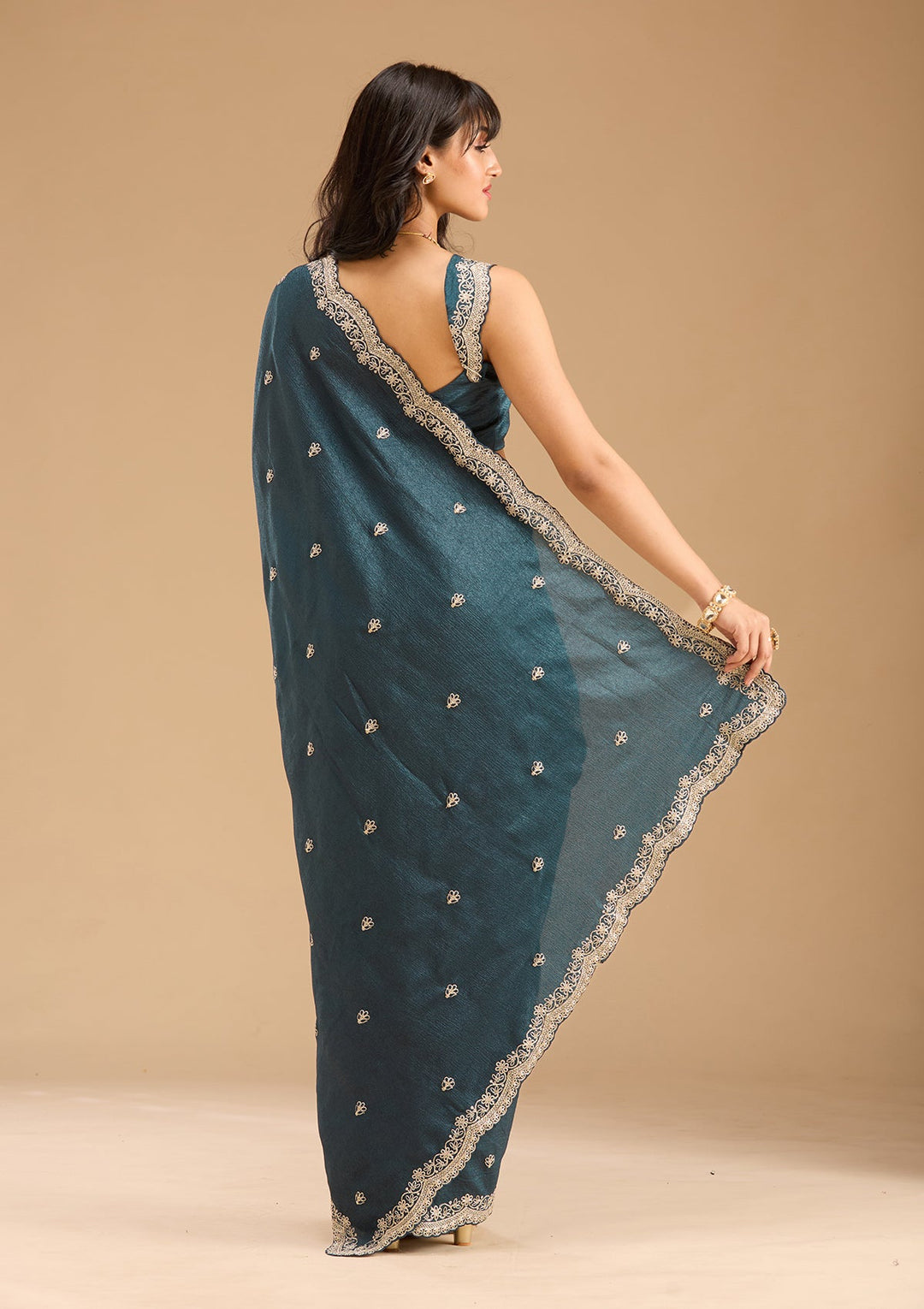Peacock Blue Zariwork (Gold) Tissue Saree-Koskii