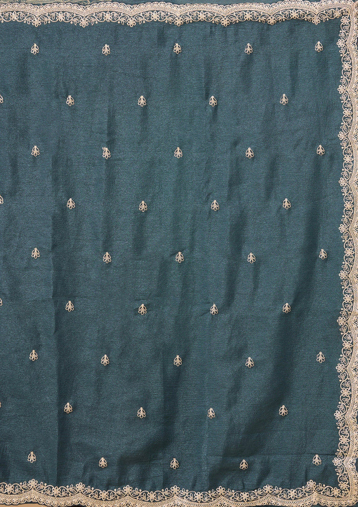 Peacock Blue Zariwork (Gold) Tissue Saree-Koskii