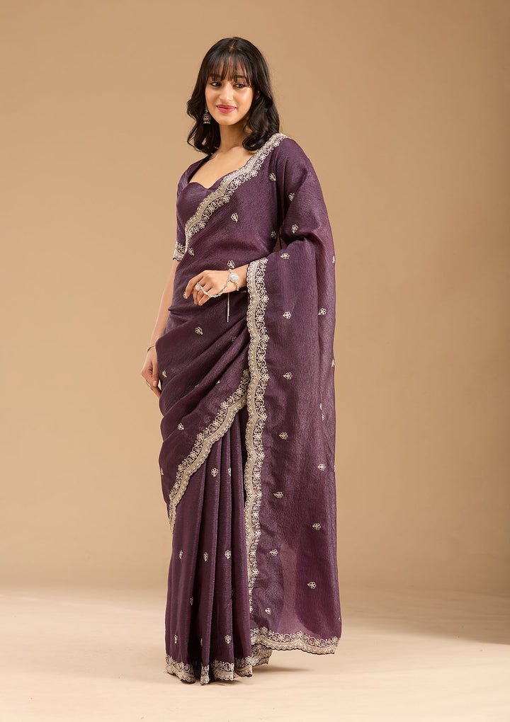 Purple Zariwork (Gold) Tissue Saree-Koskii