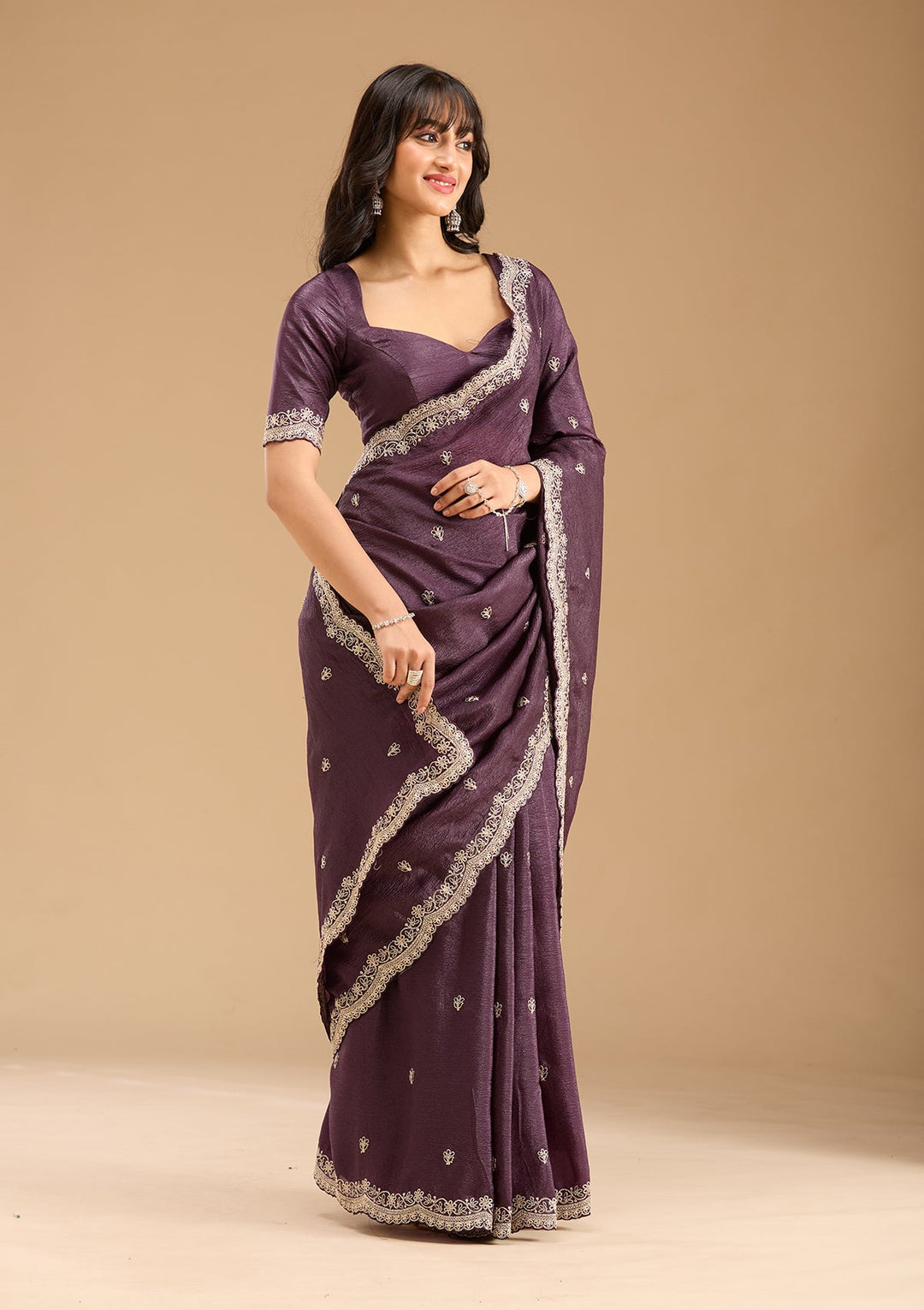 Purple Zariwork (Gold) Tissue Saree-Koskii