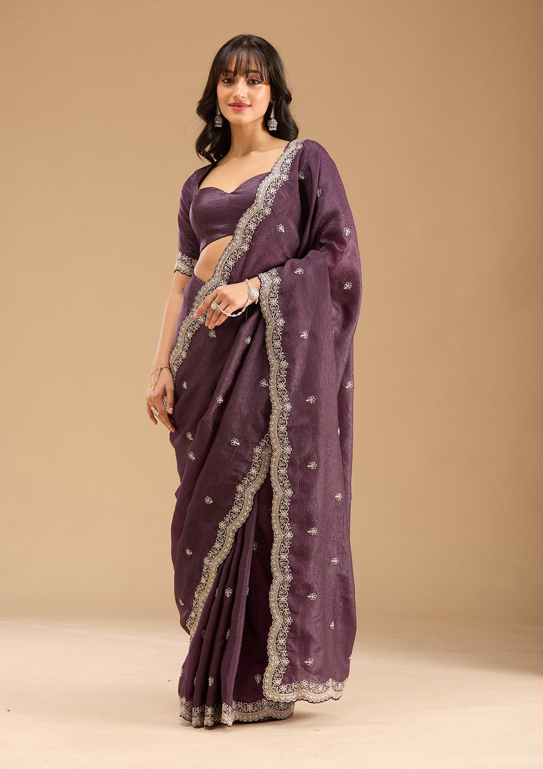 Purple Zariwork (Gold) Tissue Saree-Koskii