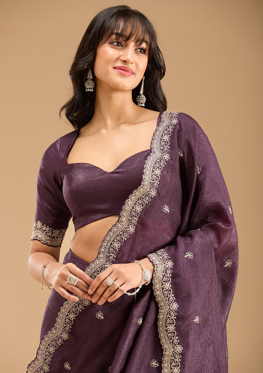 Purple Zariwork (Gold) Tissue Saree-Koskii