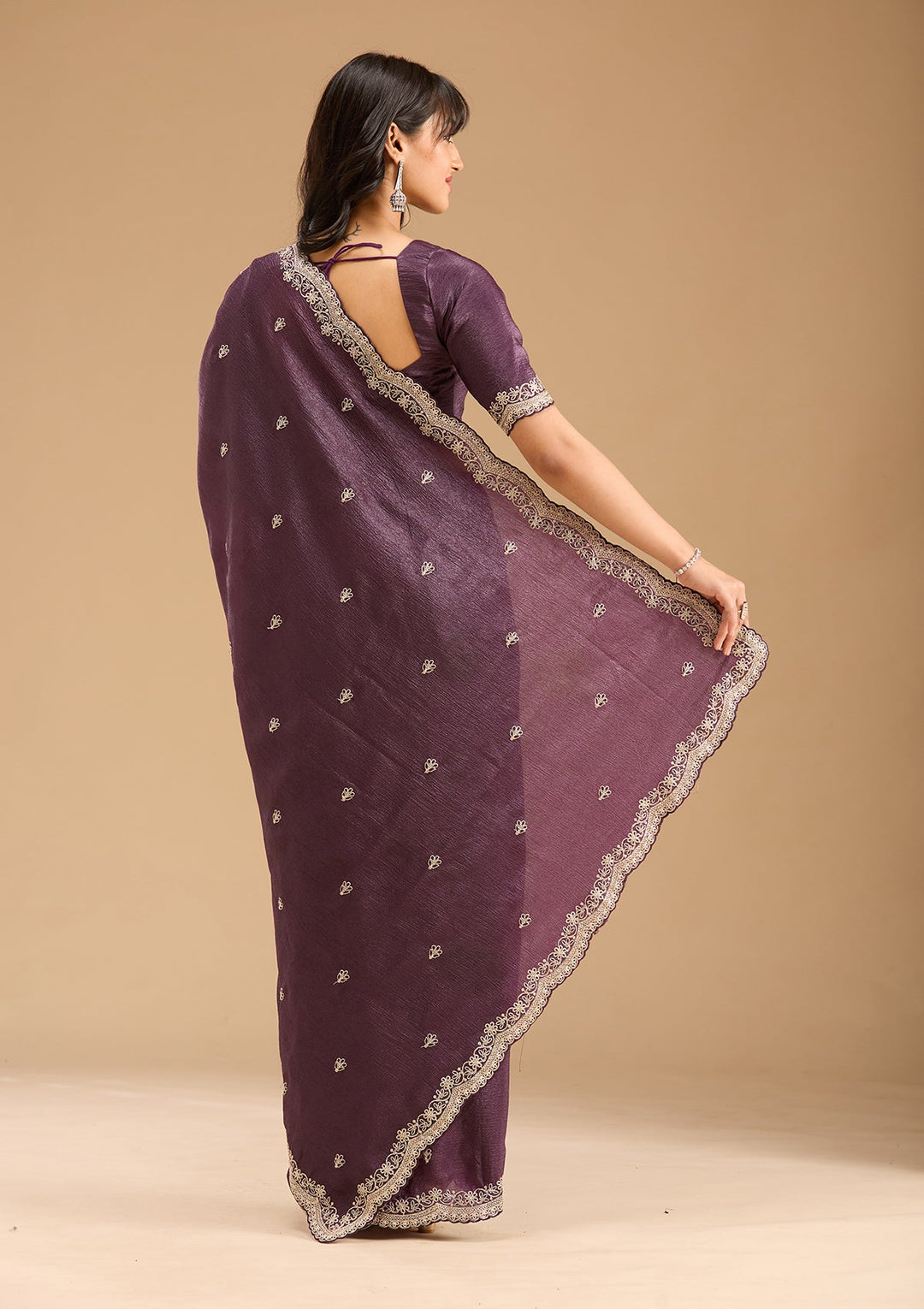 Purple Zariwork (Gold) Tissue Saree-Koskii