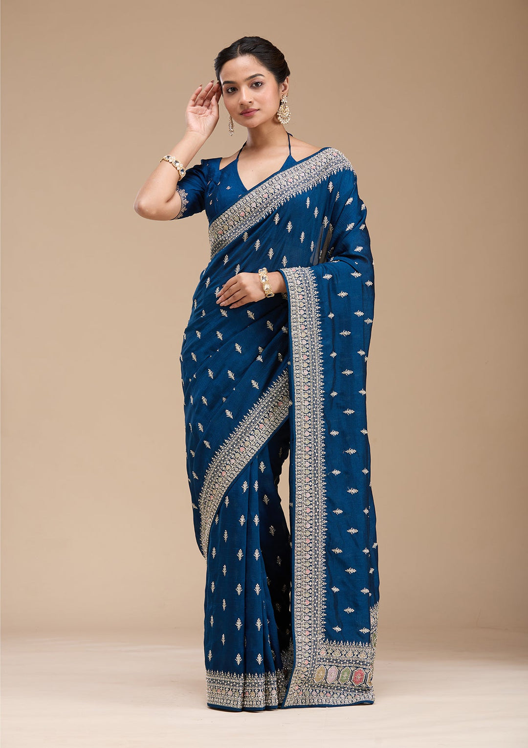 Peacock Blue Threadwork Soft Raw Silk Saree-koskii
