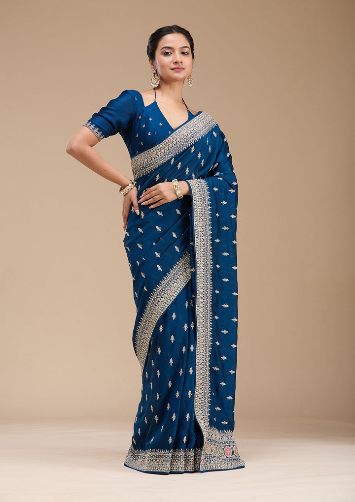 Peacock Blue Threadwork Soft Raw Silk Saree-koskii