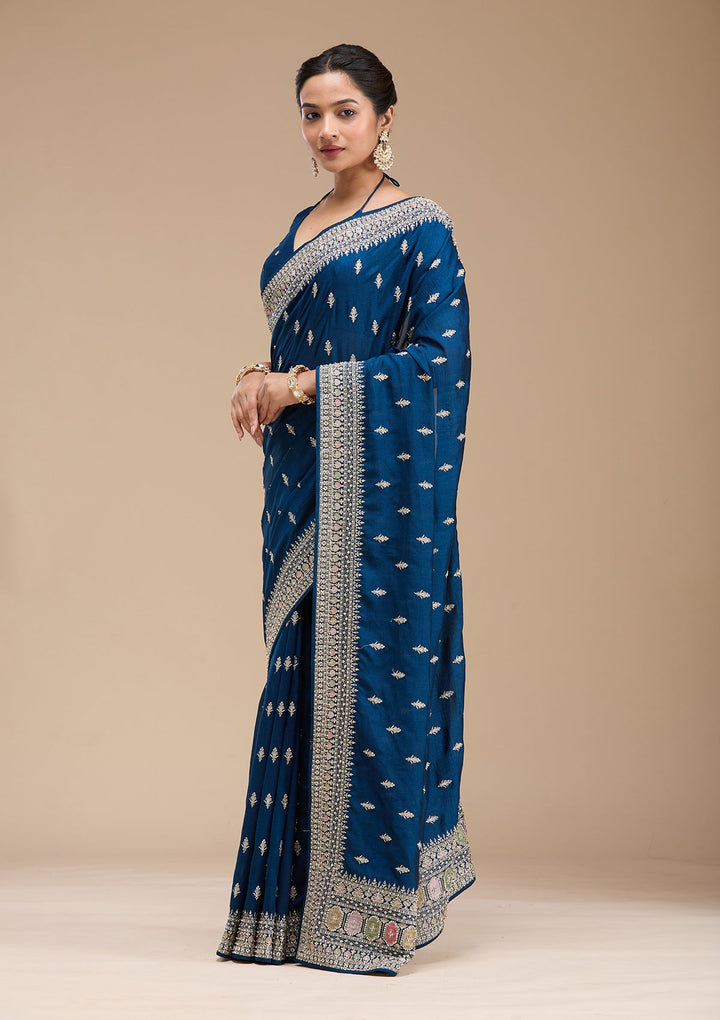 Peacock Blue Threadwork Soft Raw Silk Saree-koskii