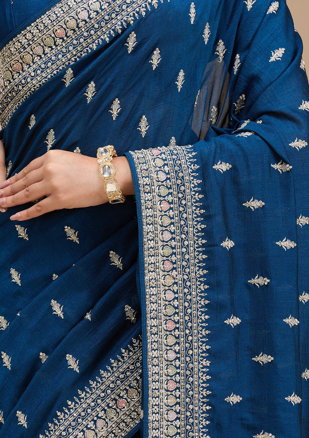 Peacock Blue Threadwork Soft Raw Silk Saree-koskii