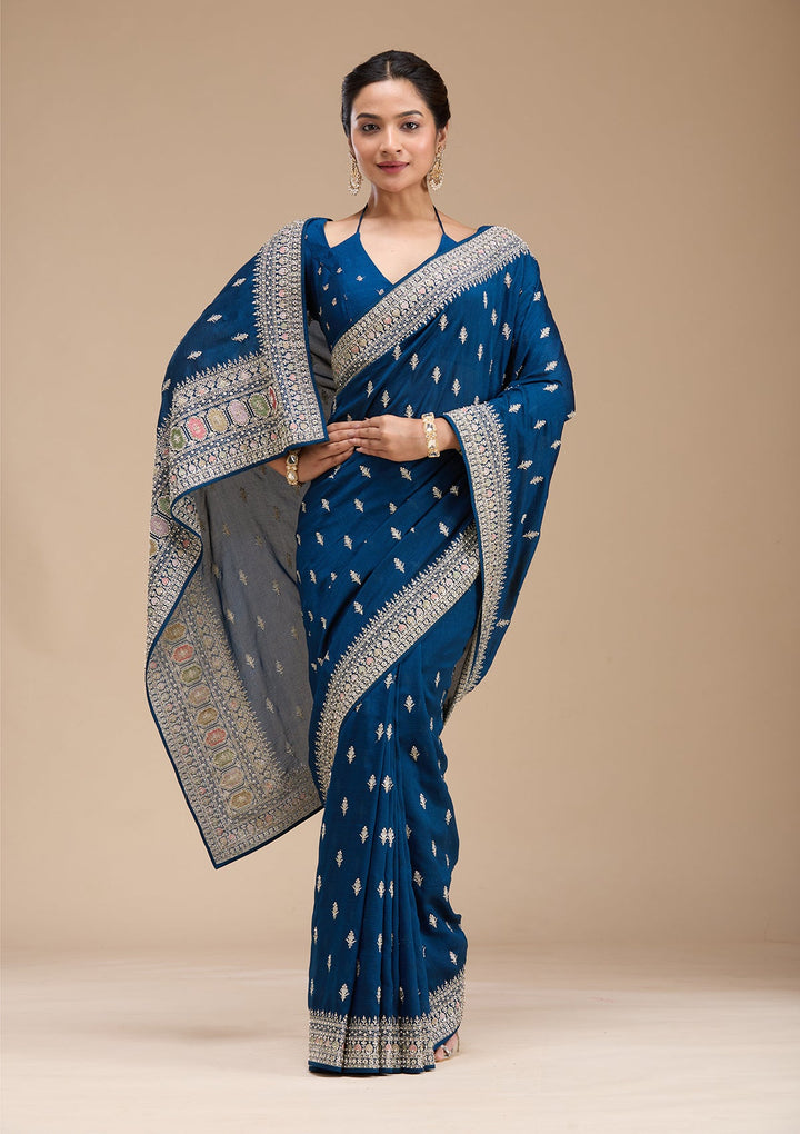 Peacock Blue Threadwork Soft Raw Silk Saree-koskii