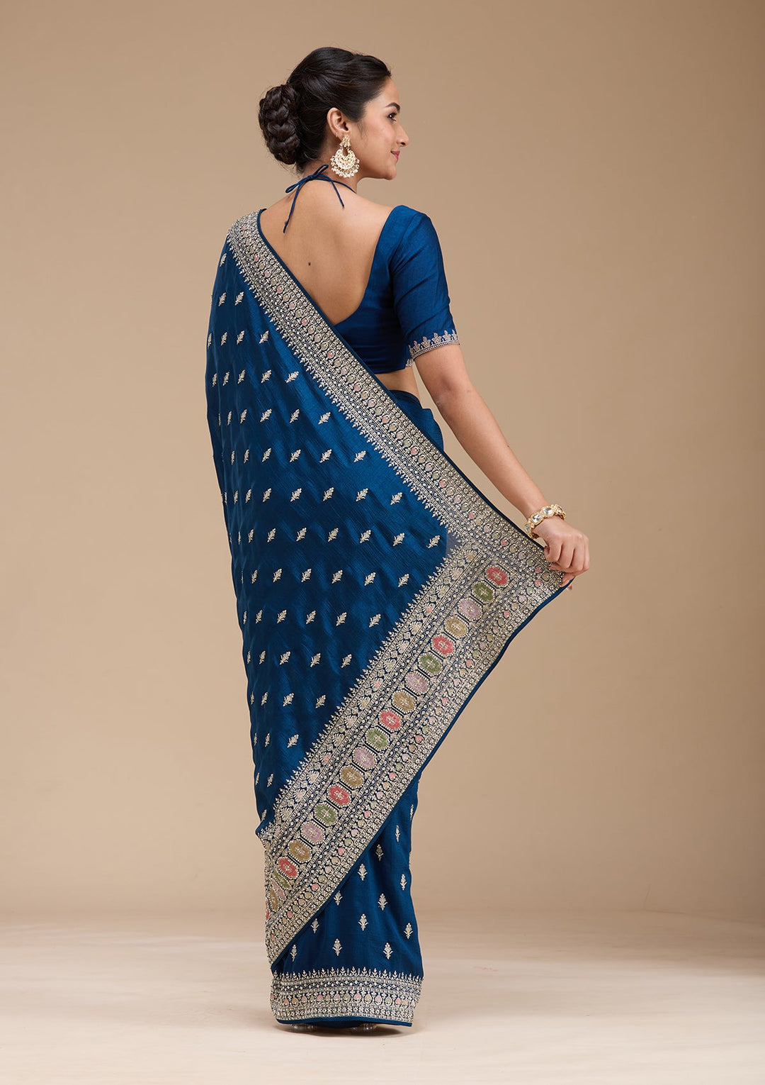 Peacock Blue Threadwork Soft Raw Silk Saree-koskii