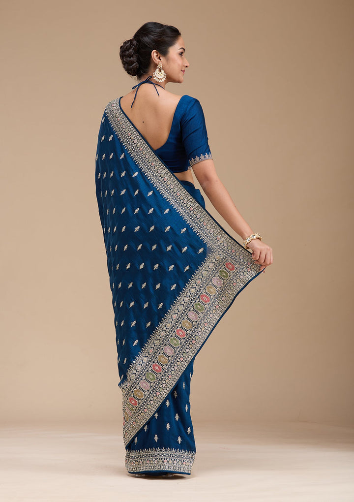 Peacock Blue Threadwork Soft Raw Silk Saree-koskii