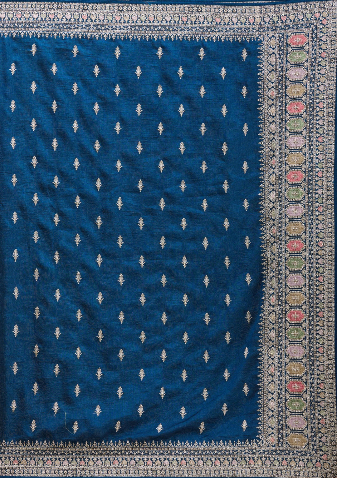Peacock Blue Threadwork Soft Raw Silk Saree-koskii