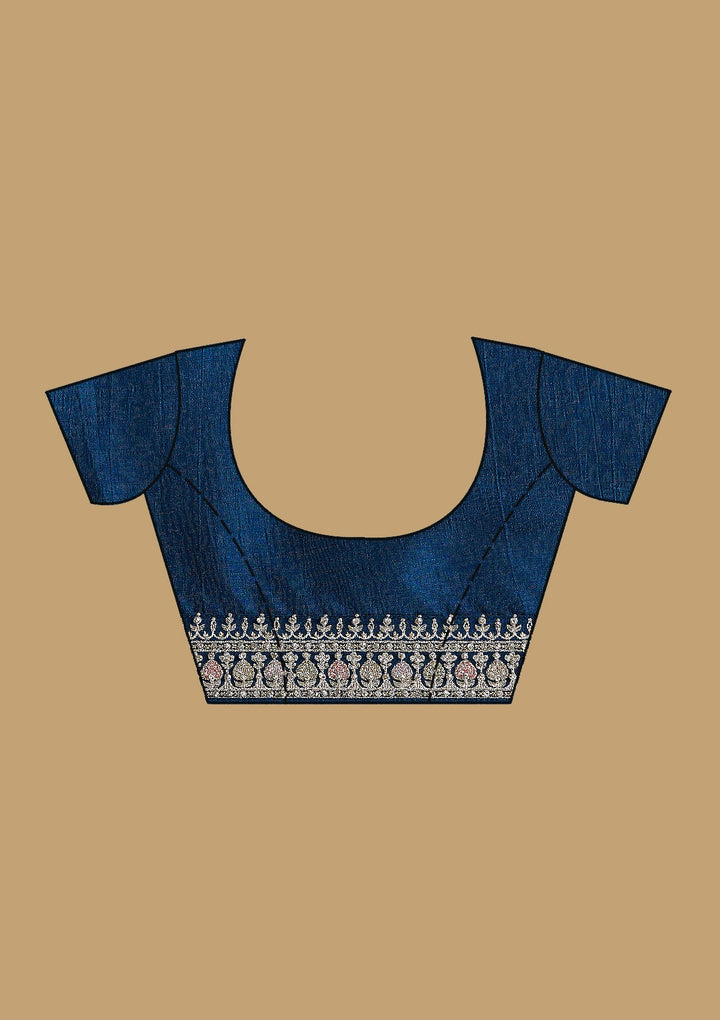 Peacock Blue Threadwork Soft Raw Silk Saree-koskii