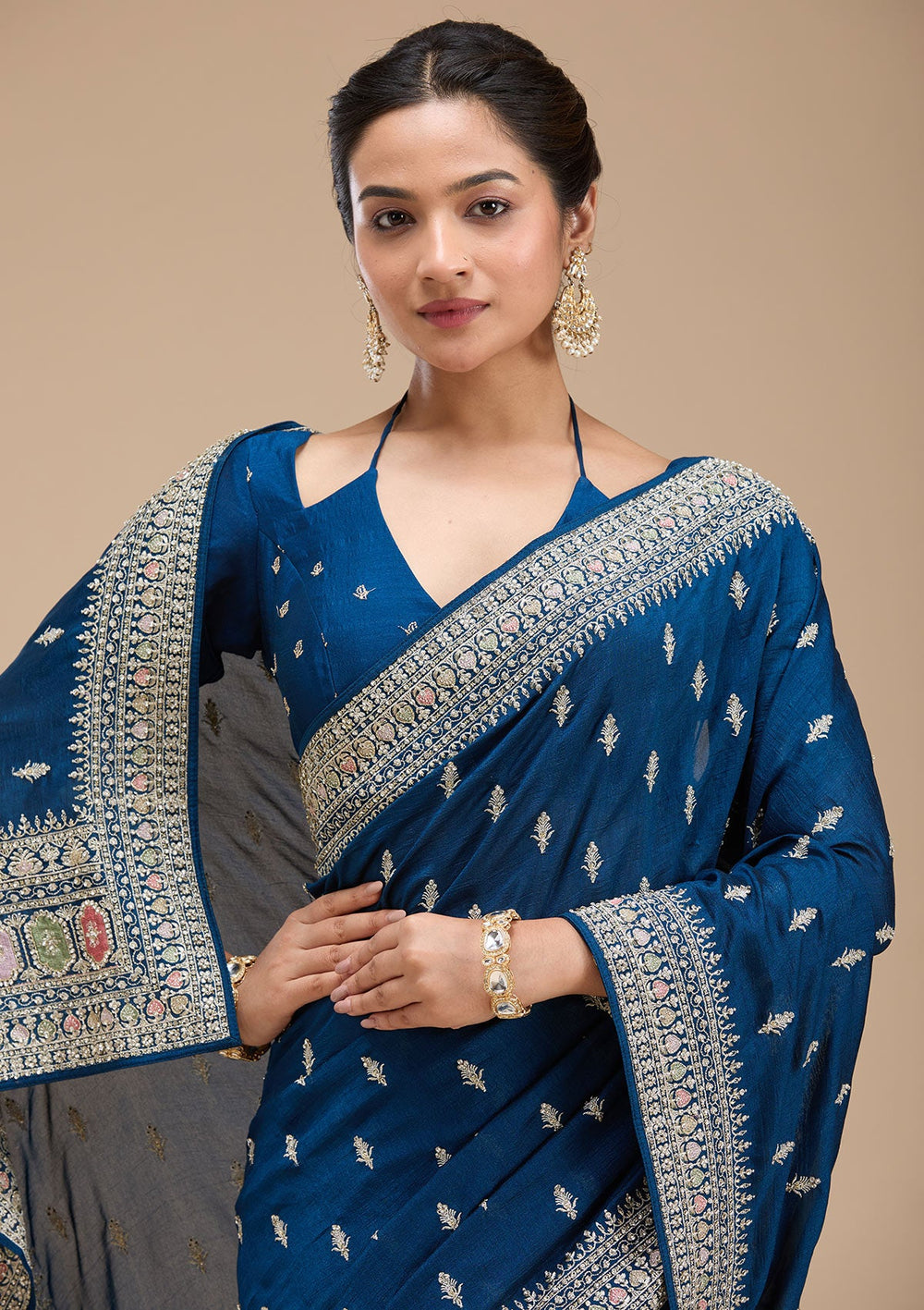Peacock Blue Threadwork Soft Raw Silk Saree-koskii