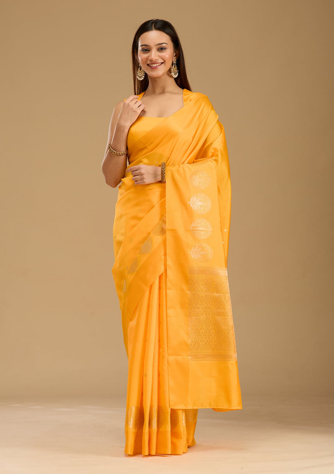 Mustard Zariwork (Gold) Silk Saree-Koskii