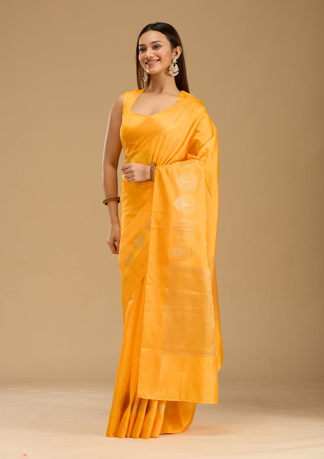 Mustard Zariwork (Gold) Silk Saree-Koskii