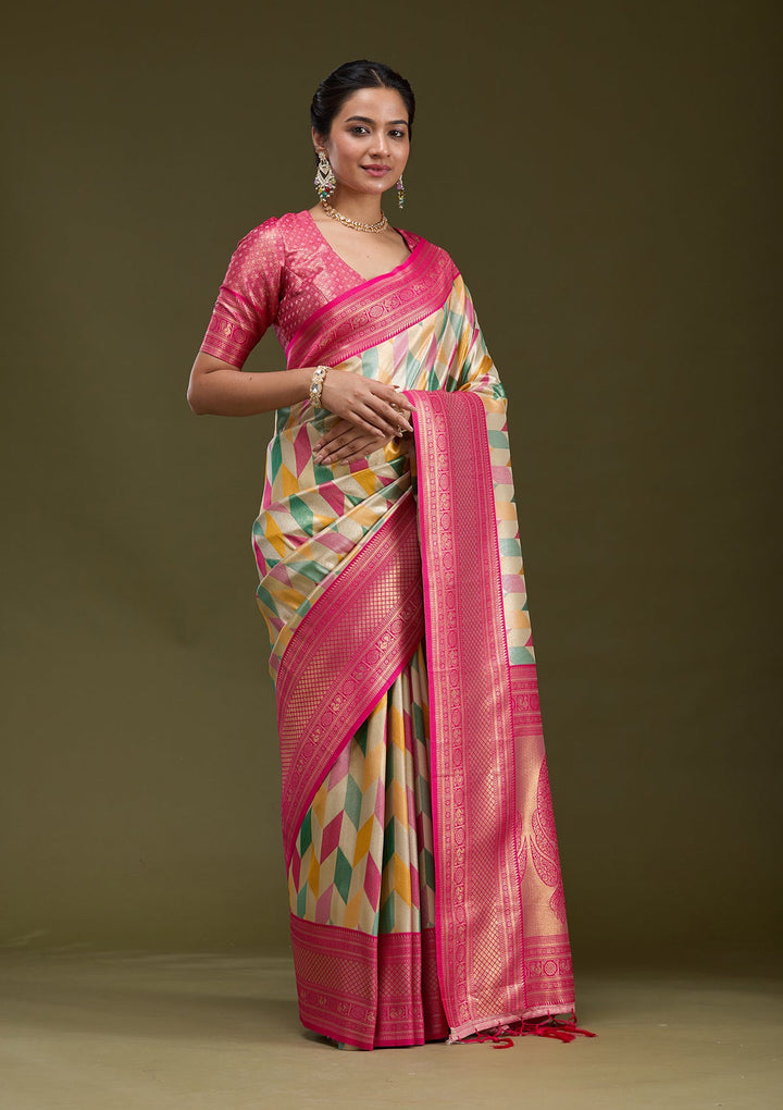 Magenta Pink Zariwork (Gold) Silk Silk_Saree-koskii