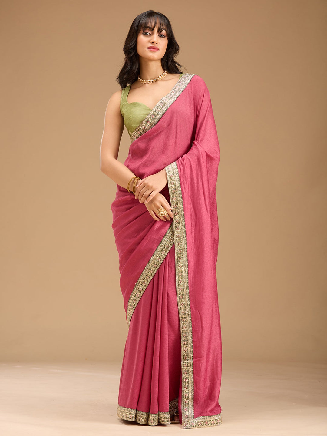 Onion Pink Zariwork (Gold) Soft Raw Silk Saree-Koskii