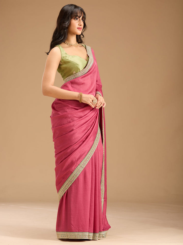 Onion Pink Zariwork (Gold) Soft Raw Silk Saree-Koskii